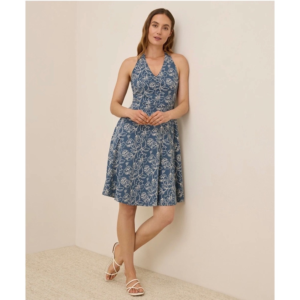 Pact Organic Cotton Blue Floral Gathered Halter Fit & Flare Dress XL